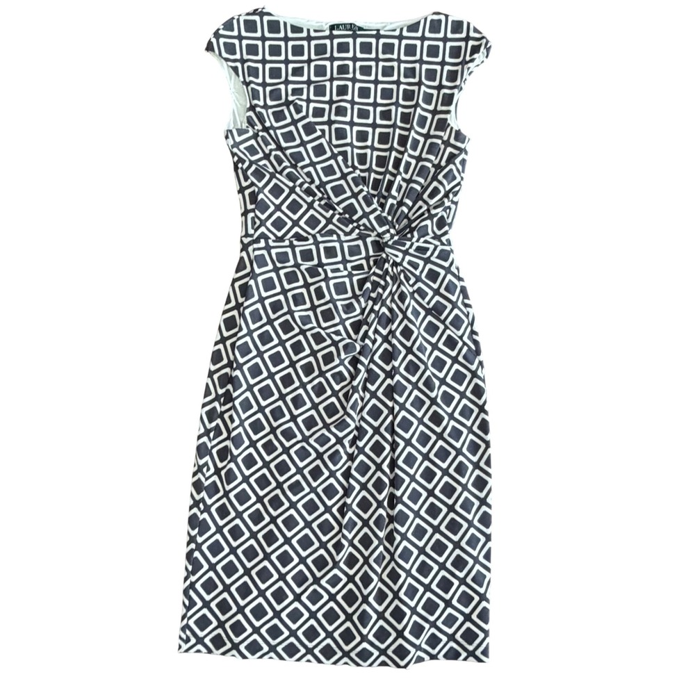 Lauren Ralph Lauren Sheath Dress 6 Navy White Geometric Ruched Cap Sleeve Classy
